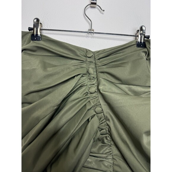 ASOS Sz 10 Asymmetrical Ruched Mini Skirt Green Side Button Detail Cotton Blend - Picture 8 of 12